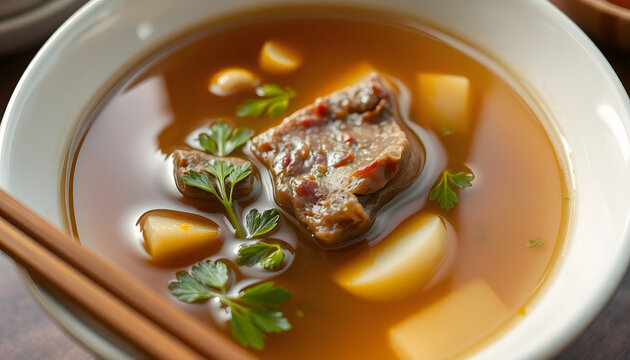 Beef broth, a traditional dish made from beef bone and vegetables, Backlit. White tone