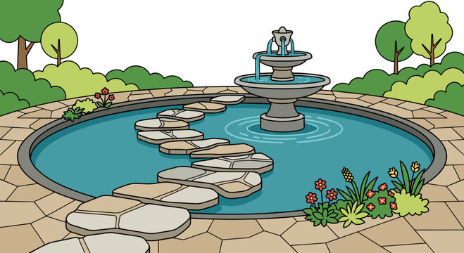 Beautiful tier stone fountain with clean water and winding path of stepping stones across round basin surrounded by paved tiles and green trees and flowers on foreground