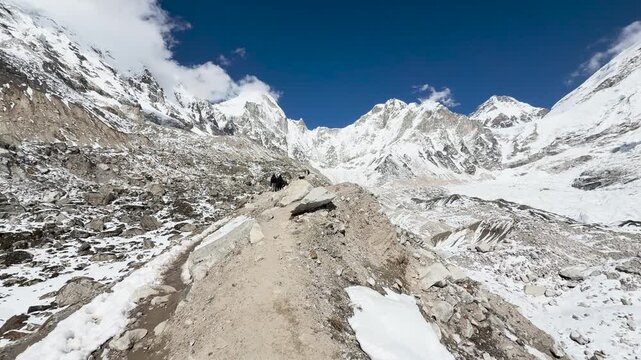 Walk by the Khumbu Glacier near Everest Base Camp in Himalayas, Nepal