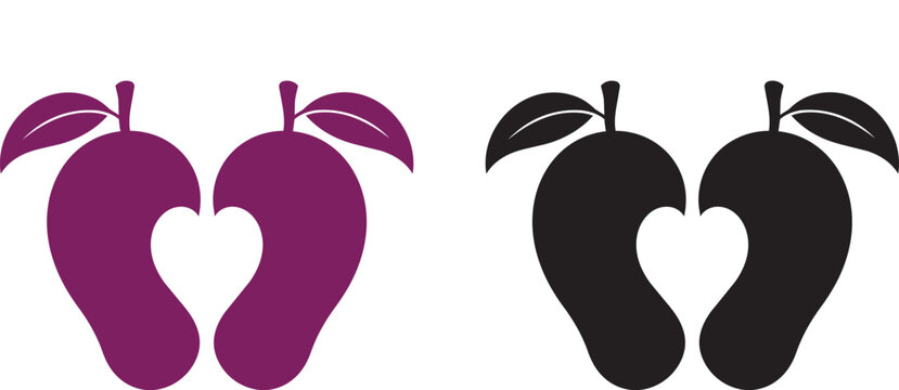 Vector illustration of two pears forming a heart shape in purple and black mango