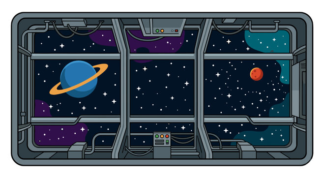 Futuristic spaceship control room window view looking out into vast deep space filled with glowing stars colorful nebulae and distant planets