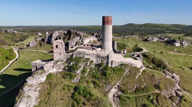 Aerial view of Olsztyn Castle ruins near Czestochowa, Poland