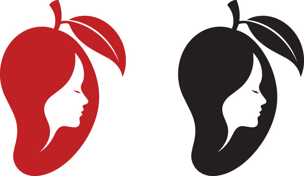 Vector illustrations of a womans face in a peach silhouette in red and black mango