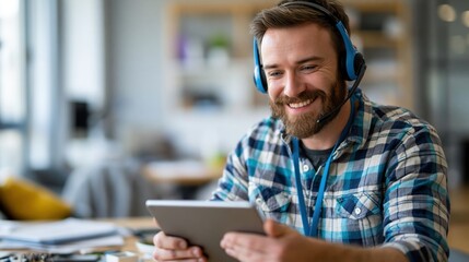 Fototapeta premium Customer support agent reviewing roadside assistance data on tablet in modern office