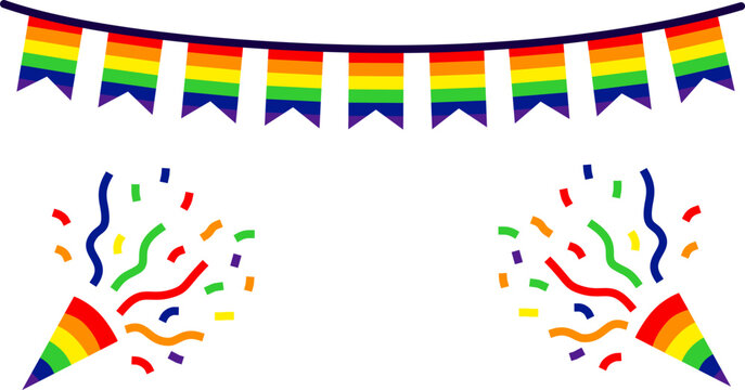 Festive pride celebration design element collection with party decorations, hanging rainbow flag bunting garland combined with exploding confetti poppers, vector design composition isolated on white