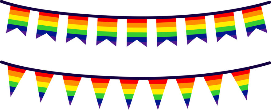 Decorative rainbow bunting garland flags hanging on a string, festive pride month party decoration garland sets, pennant banner vector illustration isolated on white background