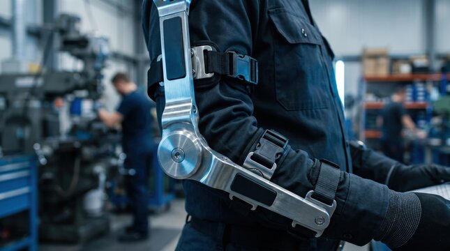 Factory worker wearing a robotic metallic exoskeleton arm brace for physical support