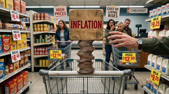 Inflation concept, rising cost of living, shopping cart with money stack, grocery store price increase