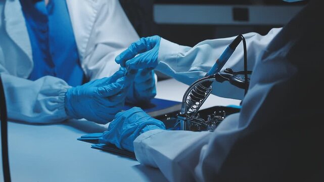 A close-up view of a technician wearing black gloves holding a computer processor chip while working on a laptop motherboard with a precision screwdriver.