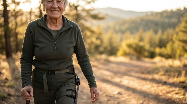 Senior woman smiling while hiking in the mountains wearing a supportive robotic leg exoskeleton