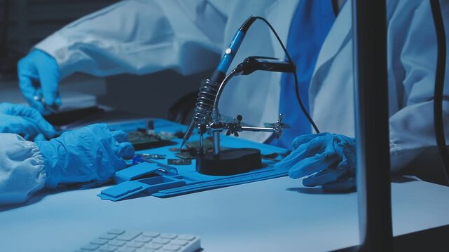 A close-up view of a technician wearing black gloves holding a computer processor chip while working on a laptop motherboard with a precision screwdriver.