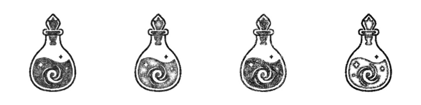 Sketch black and white mystic elixir bottle icon design set