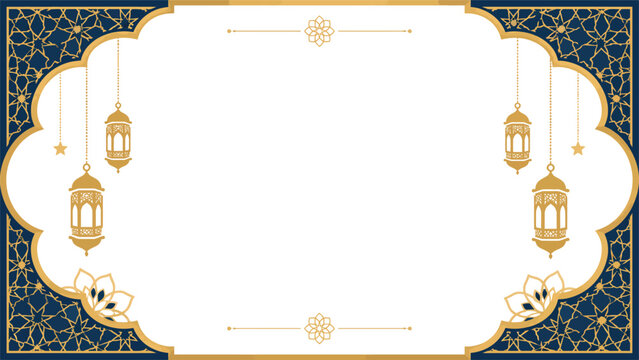 Ornate islamic greeting card template featuring golden lanterns and intricate geometric patterns for cultural celebration events