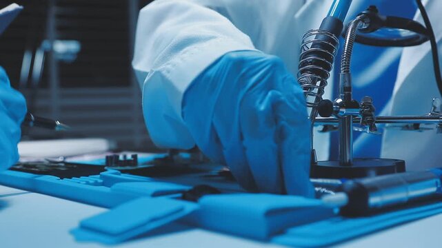 A close-up view of a technician wearing black gloves holding a computer processor chip while working on a laptop motherboard with a precision screwdriver.