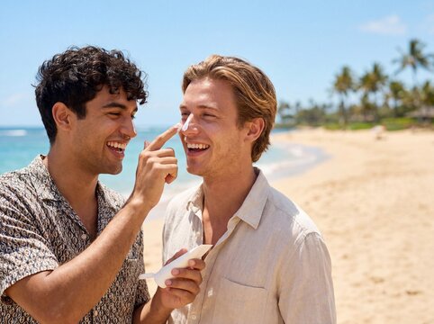 Pareja gay multi&eacute;tnica sonriendo en la playa mientras uno le aplica protector solar en la nariz al otro en verano.