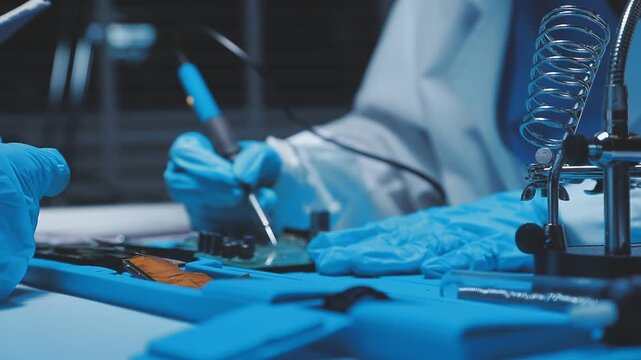 A close-up view of a technician wearing black gloves holding a computer processor chip while working on a laptop motherboard with a precision screwdriver.