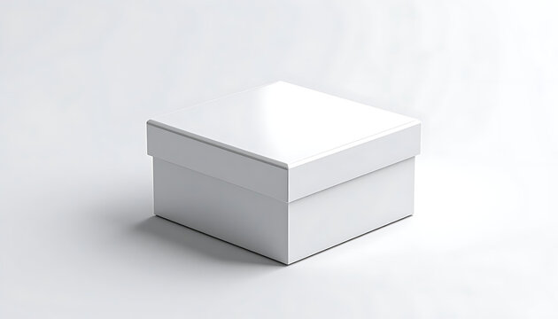 Isolated plain white square gift box with lid closed, simple packaging on a light grey background, product mockup template