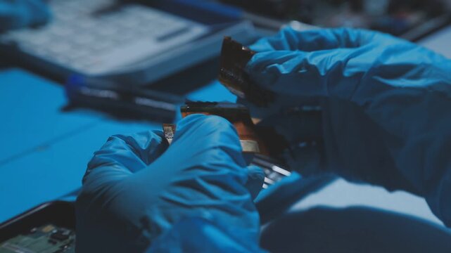 A close-up view of a technician wearing black gloves holding a computer processor chip while working on a laptop motherboard with a precision screwdriver.
