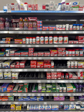 Titusville, Florida, USA, June 16, 2025: Tylenol rapid-release acetaminophen on the shelf at Walmart Supercenter in Titusville. Walmart's medicine section and prices are front-facing.