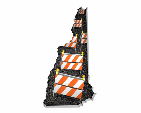 New Hampshire NH State Map Road Construction Project Traffic Signs Barriers Barricades 3d Illustration