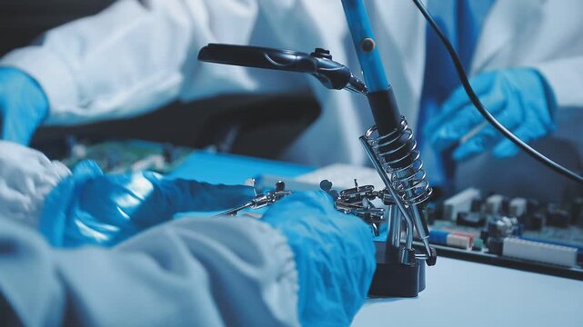 A close-up view of a technician wearing black gloves holding a computer processor chip while working on a laptop motherboard with a precision screwdriver.