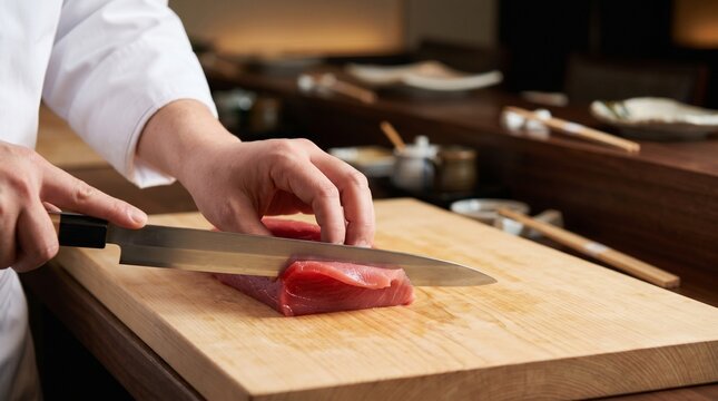 Close Up of Sushi Chef Cutting Raw Tuna with Sharp Knife