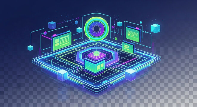Futuristic digital interface with glowing neon data visualization and technology elements