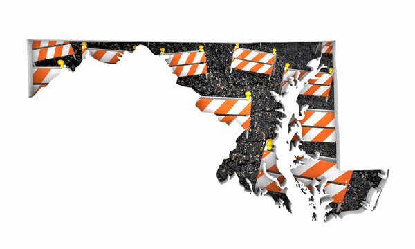 Maryland MD State Map Road Construction Project Traffic Signs Barriers Barricades 3d Illustration