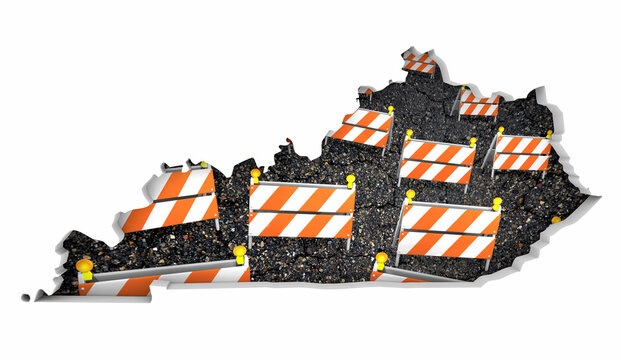 Kentucky KY State Map Road Construction Project Traffic Signs Barriers Barricades 3d Illustration