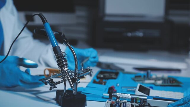 A close-up view of a technician wearing black gloves holding a computer processor chip while working on a laptop motherboard with a precision screwdriver.