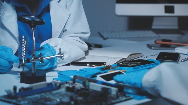 A close-up view of a technician wearing black gloves holding a computer processor chip while working on a laptop motherboard with a precision screwdriver.