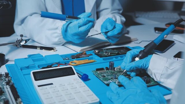 A close-up view of a technician wearing black gloves holding a computer processor chip while working on a laptop motherboard with a precision screwdriver.