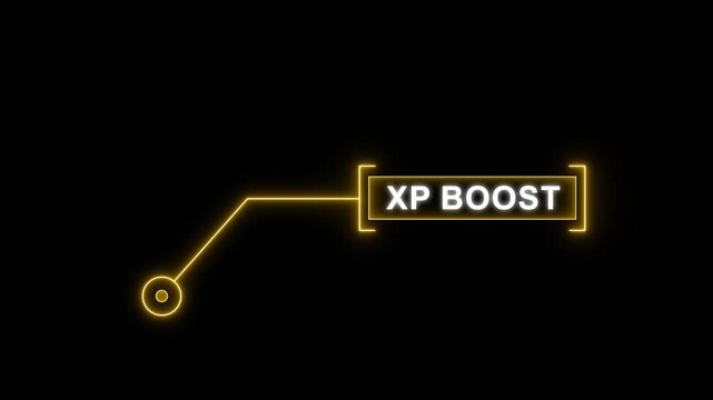 Futuristic yellow HUD callout animation with XP boost text for high-tech gaming rewards, digital experience points increase, and modern technology interface concepts.