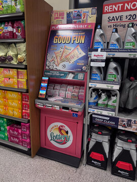 Orlando, Florida, USA, June 19, 2025: Florida Lottery ticket play slip kiosk. Lotto players choose from various games, including Florida Lotto, Mega Millions, Powerball, Pick 5, and more.