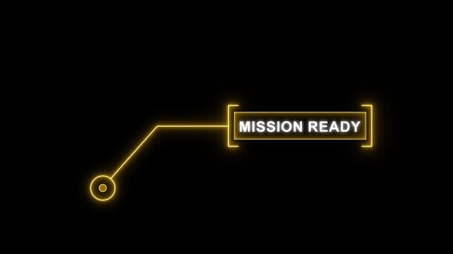 Yellow digital HUD callout animation featuring mission ready text with glowing neon lines for futuristic gaming interface design, tech dashboards, and mission objective concepts.