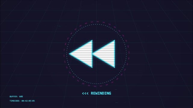 Digital interface displaying video rewind icon and buffer data on dark grid background.