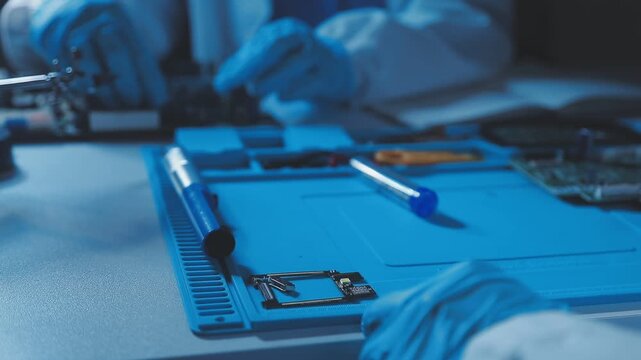 A close-up view of a technician wearing black gloves holding a computer processor chip while working on a laptop motherboard with a precision screwdriver.