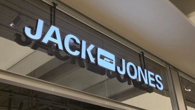 Vilnius Lithuania 09.05.2026 Jack and Jones illuminated fashion store sign inside modern shopping mall with stylish retail branding and contemporary commercial interior architecture