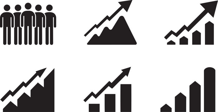 Corporate financial growth analytics and business team performance strategy solid glyph icons set with human workforce group and upward arrow traffic statistics symbols