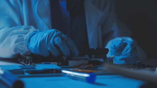 A close-up view of a technician wearing black gloves holding a computer processor chip while working on a laptop motherboard with a precision screwdriver.