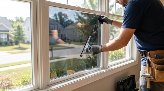 Professional worker using a squeegee to apply a protective tinting film on a home window