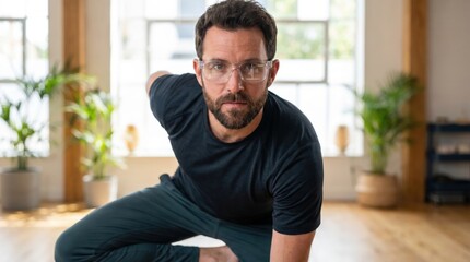 Fototapeta premium Athletic man wearing safety glasses holding a dynamic yoga pose in a bright studio