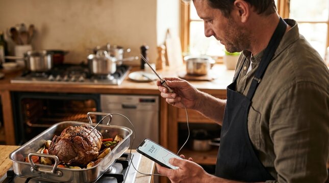Man cooking a roast in the kitchen checking the temperature on his smartphone via smart thermometer