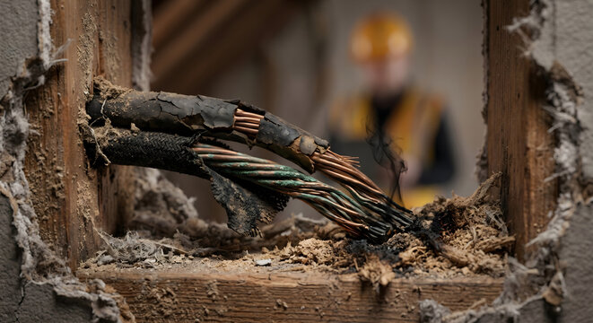 Danger of fire caused by damaged electrical wiring inside wall, professional worker in safety hat examining faulty wires.