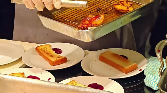 Chef plating seared foie gras goose duck liver slice, French Appetizer Food, Luxury Poultry Meat Ingredient, Gourmet Meal