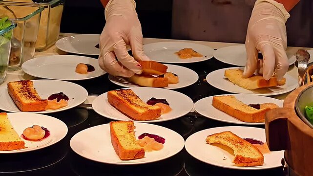 Chef plating toast bread slices with cranberry sauce jam, French Restaurant Appetizer Food, Luxury Poultry Meat Ingredient, Gourmet Buffet Meal