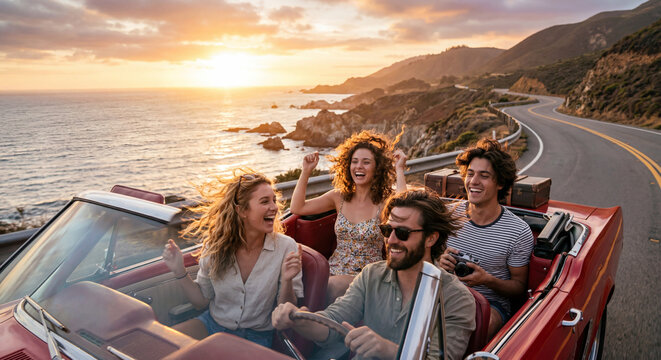 Group of happy young carefree friends laughing and cheering together during an outdoor party on a scenic coastal viewpoint at golden sunset, youth lifestyle concept