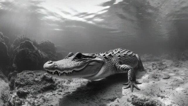 Underwater alligator or crocodile encounter.