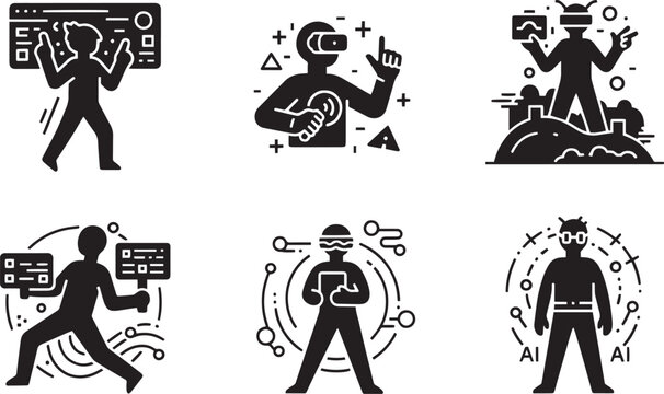 Virtual reality cyberspace metaverse technology and futuristic simulation training solid glyph icons set with human wearing vr glasses artificial intelligence digital dashboard data and interactive ga