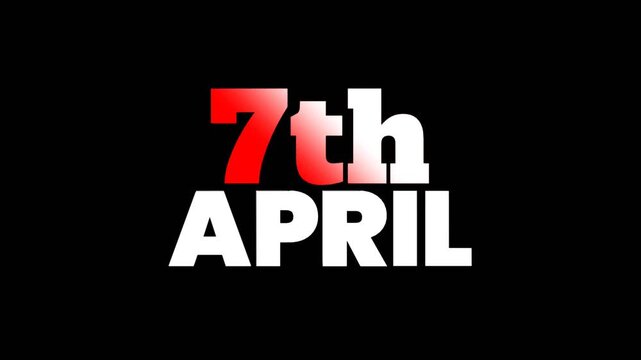 Bold 7th April typography animated on a dark background with energetic movement, perfect for calendar visuals, event promotions, and modern digital media content.